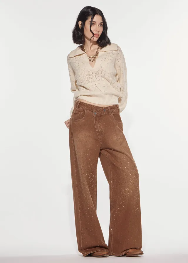 Denny Rose Polo Pullover beige Lochstrick Puffarm