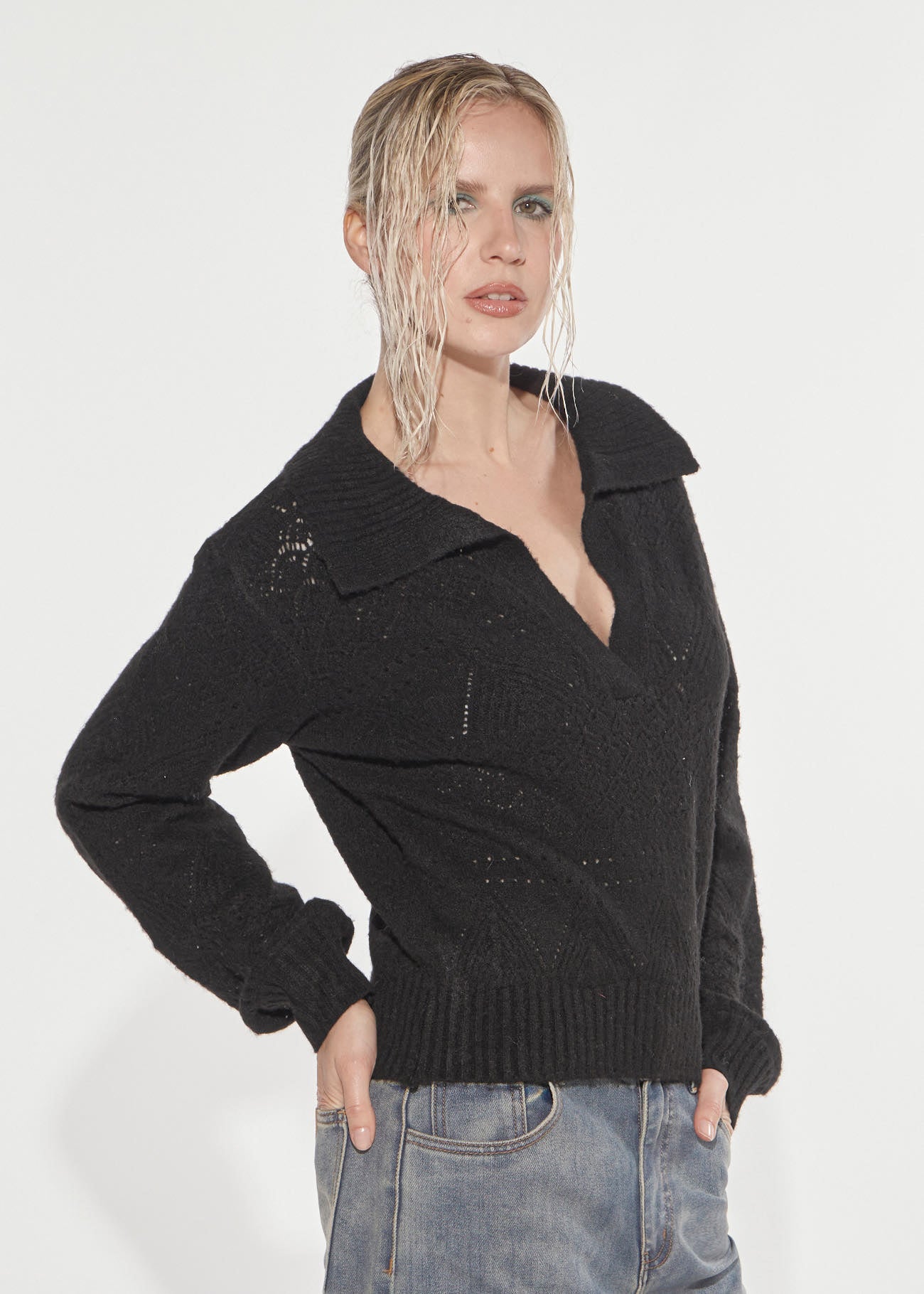 Denny Rose Spitzstrick Pullover Polokragen Schwarz