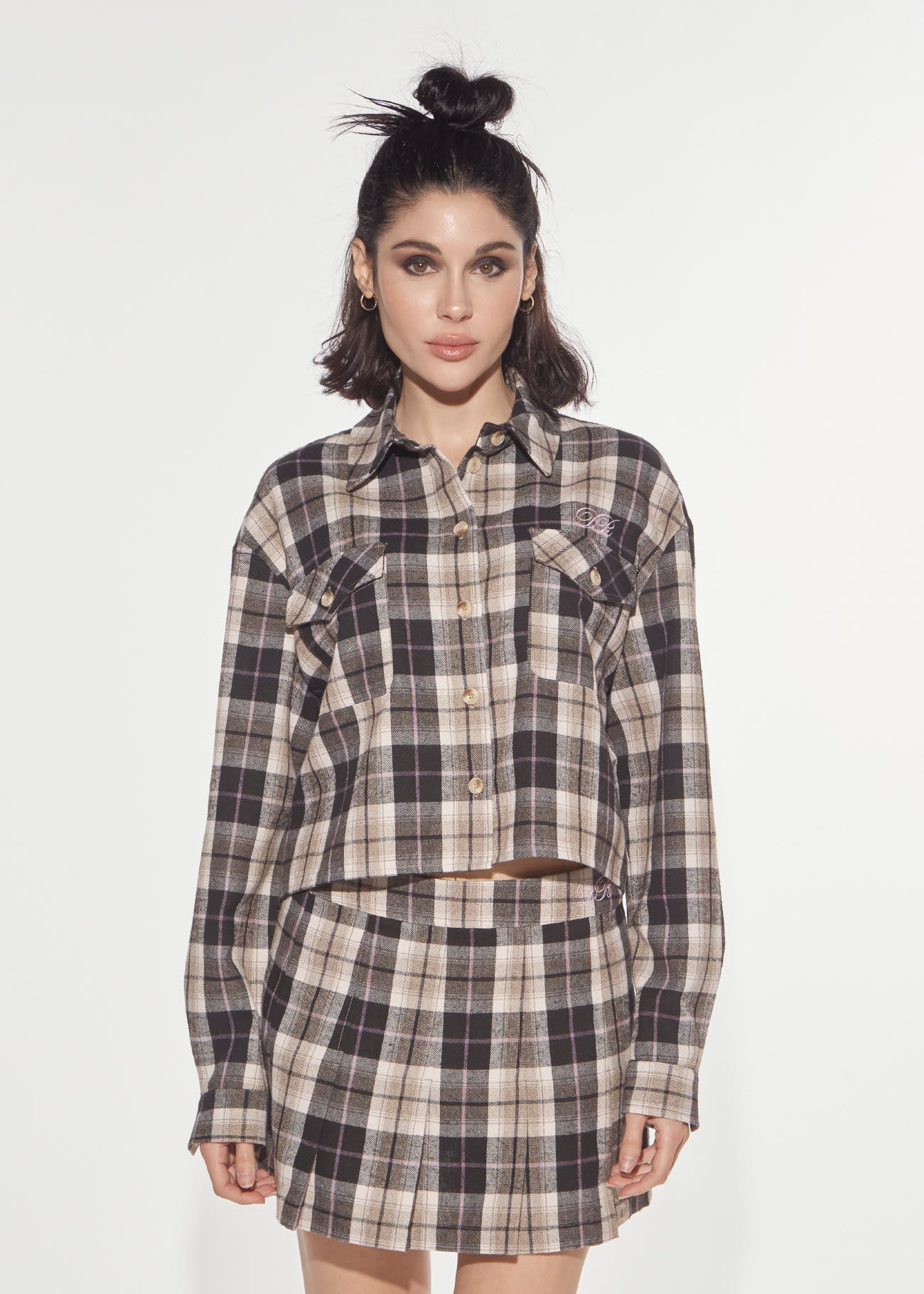 Denny Rose Flanellhemd Mocha Beige kariert cropped
