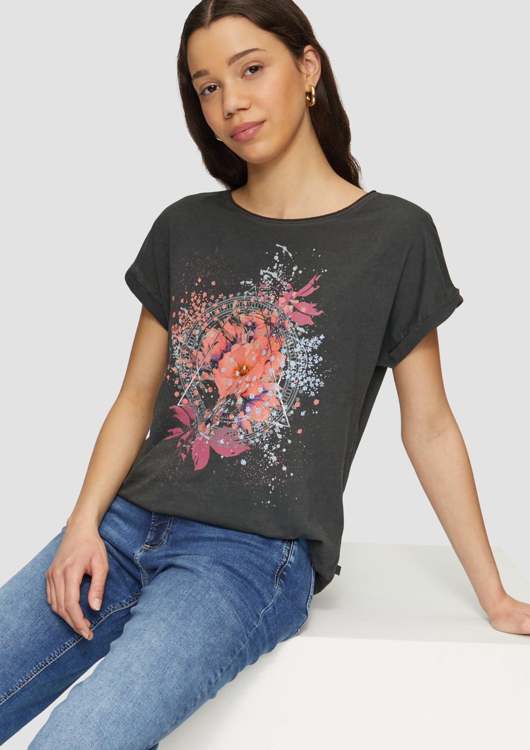 s.Oliver QS Oversize-Shirt Frontprint gewaschen Baumwolle