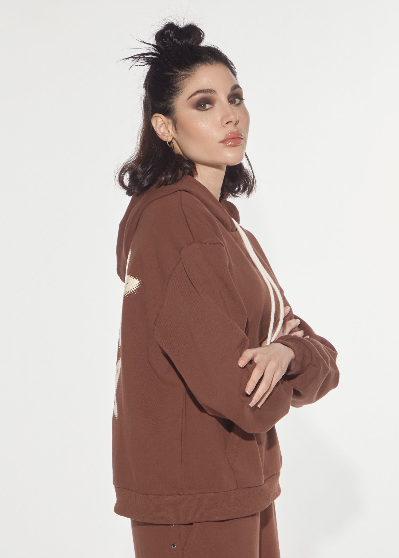 Denny Rose Eclectic Hoodie Baumwolle Nieten Braun