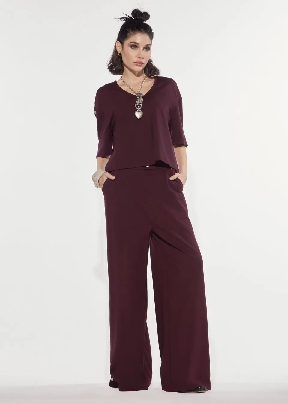 Denny Rose Punto Milano T-Shirt V-Ausschnitt Rotwein