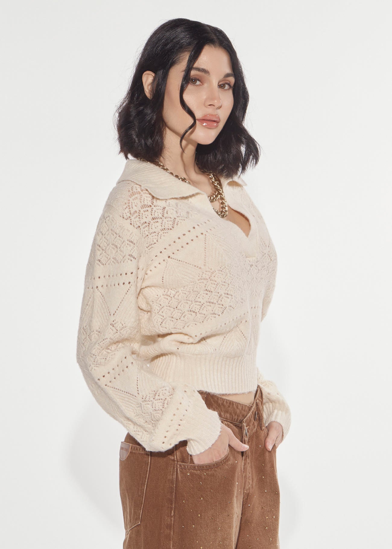 Denny Rose Polo Pullover beige Lochstrick Puffarm