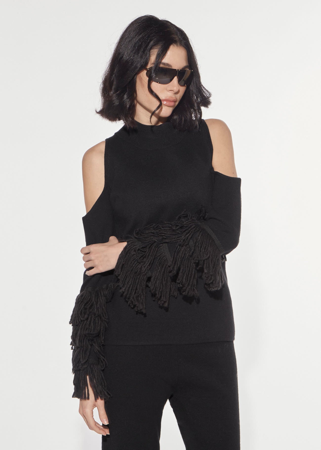 Denny Rose Cut-Out Pullover schwarz Fransen