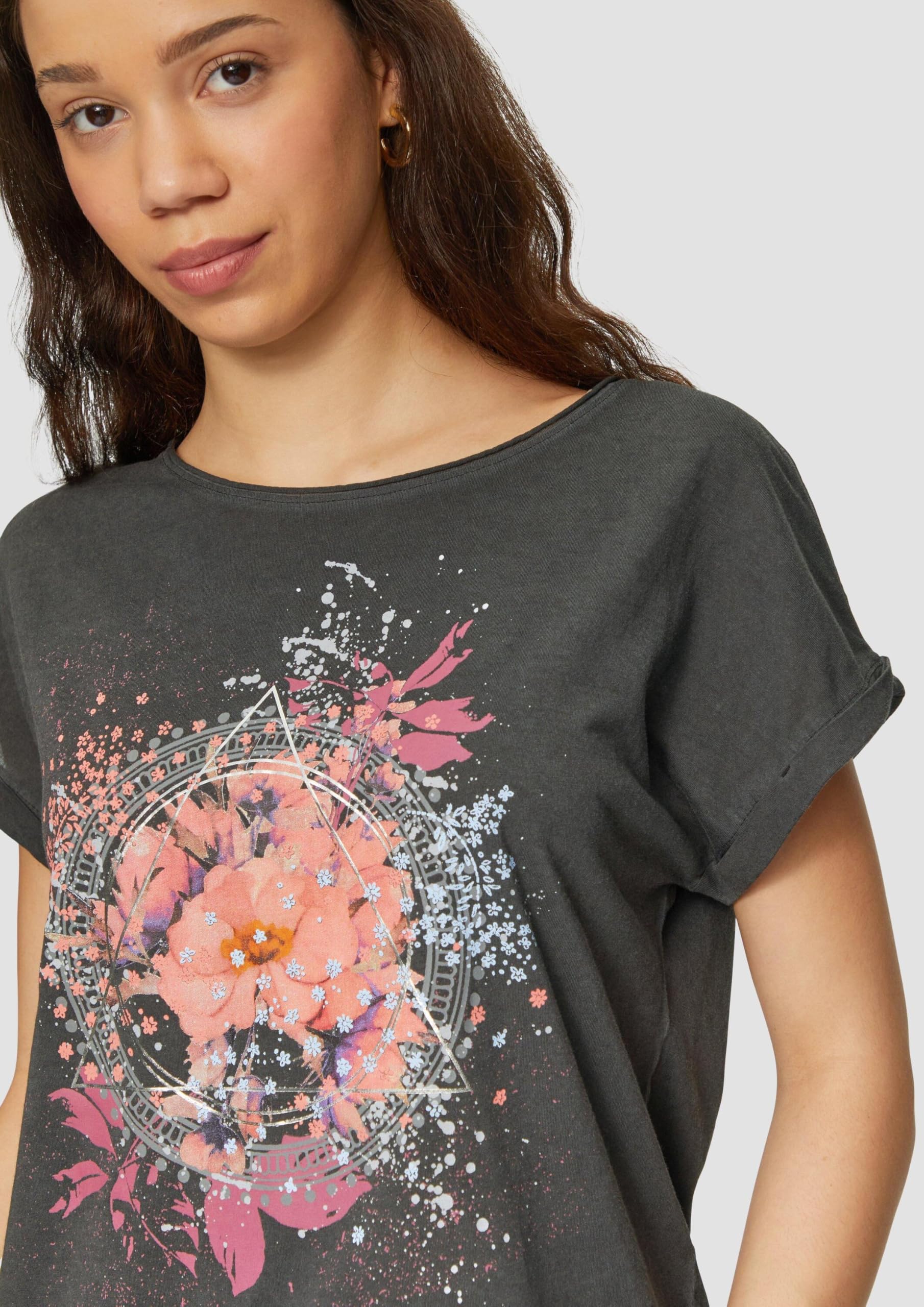 s.Oliver QS Oversize-Shirt Frontprint gewaschen Baumwolle