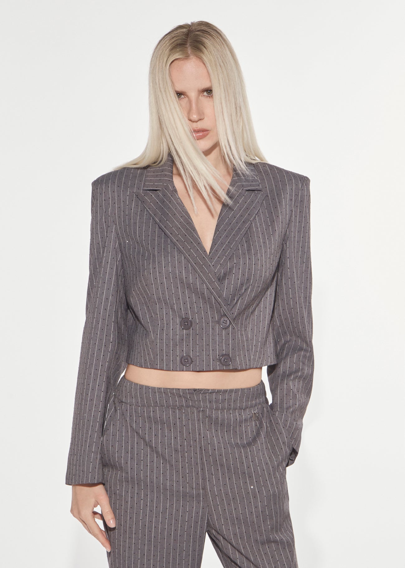 Denny Rose Blazer Cropped Gessato Strass Grau