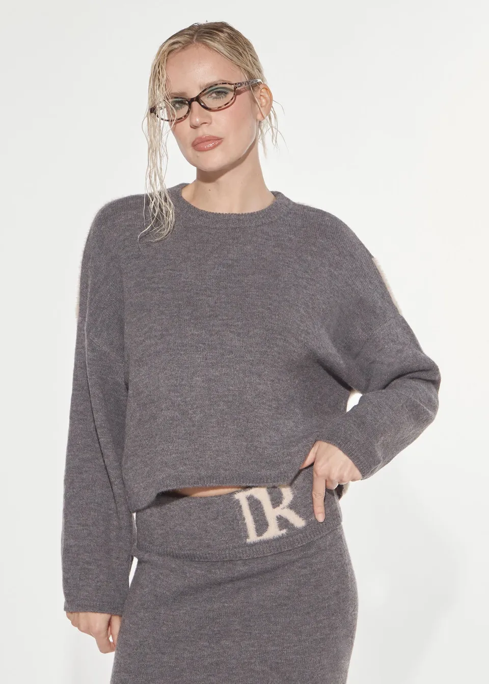 Denny Rose Logo Jacquard Pullover Grey-Beige Cropped