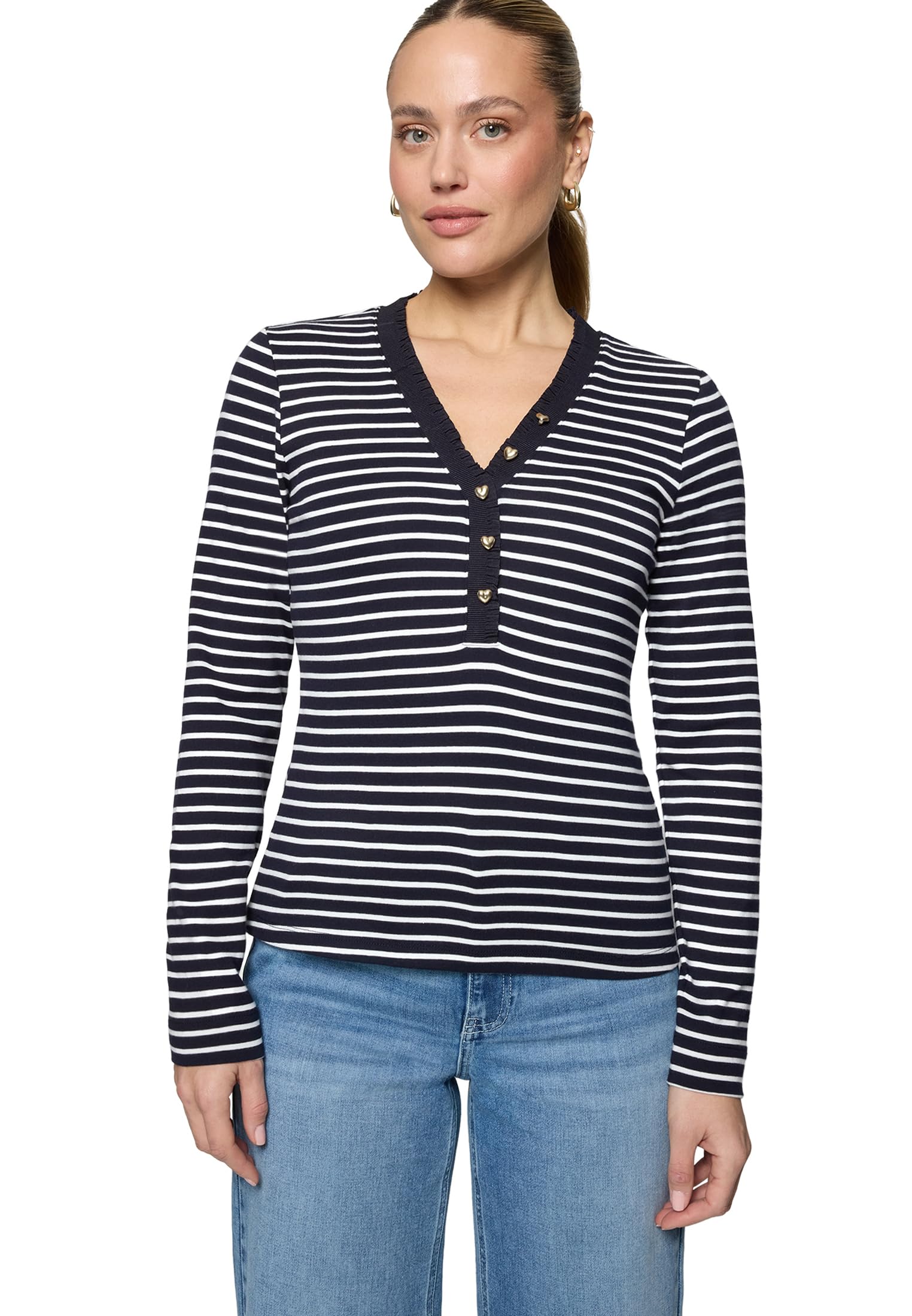 zero Ringelshirt Knopfleiste Damenshirt 38 Dark BlueCream gestreift