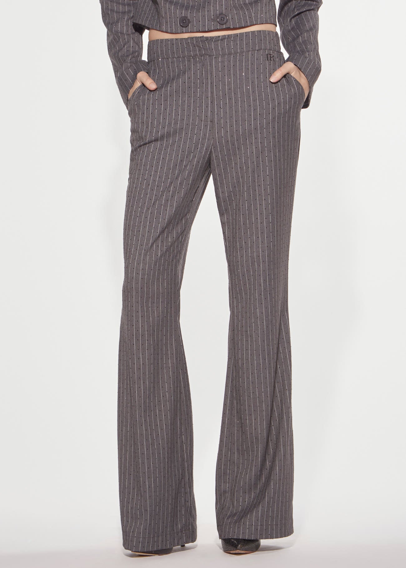 Denny Rose Flare Gessato Hose Grau mit Strass