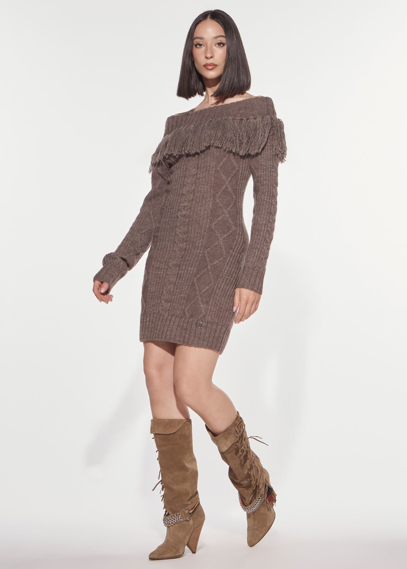 Denny Rose Strickkleid Zopfmuster mit Fransen taupe