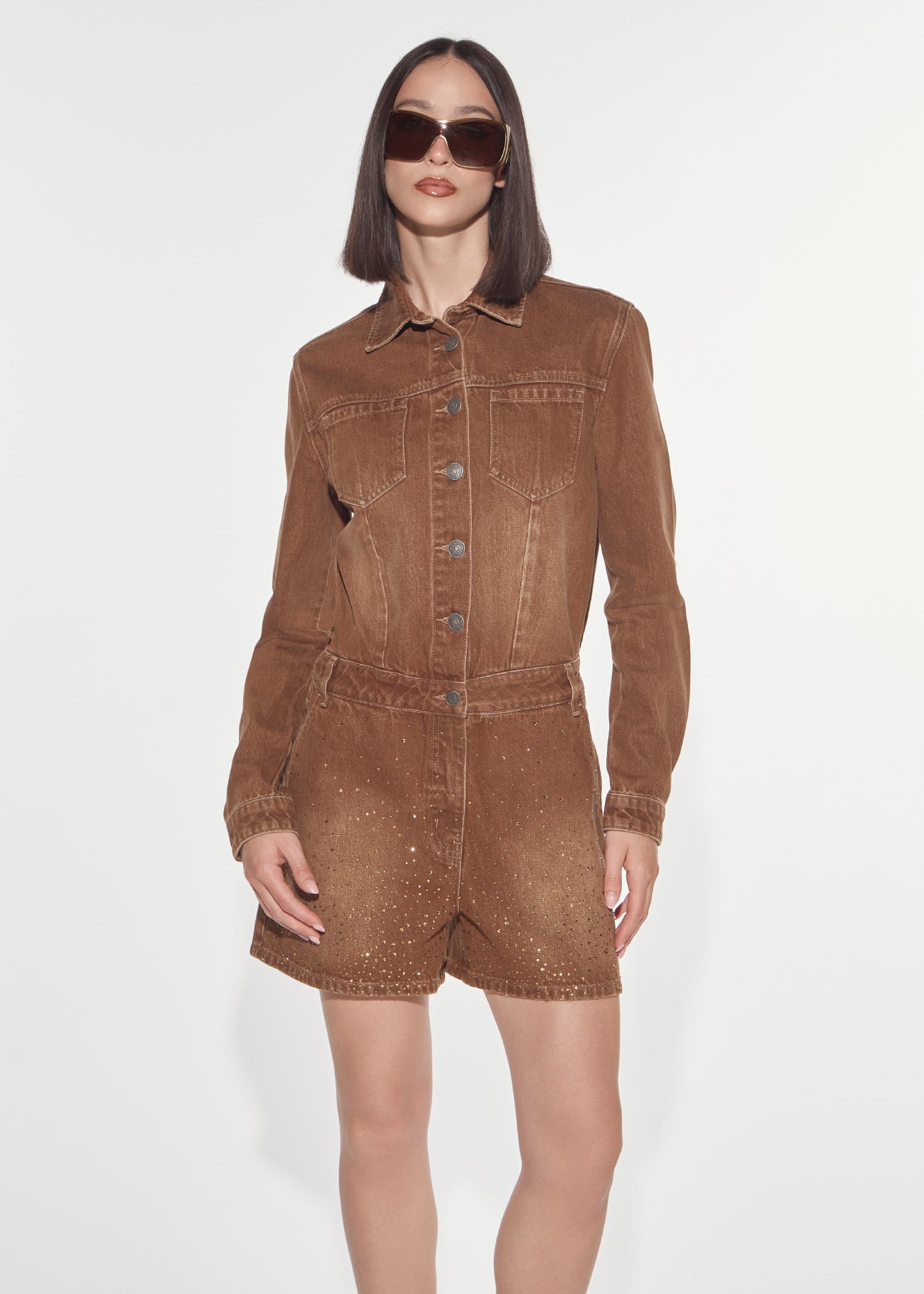 Denny Rose Denim Overall Shorts Strass Brown Sugar