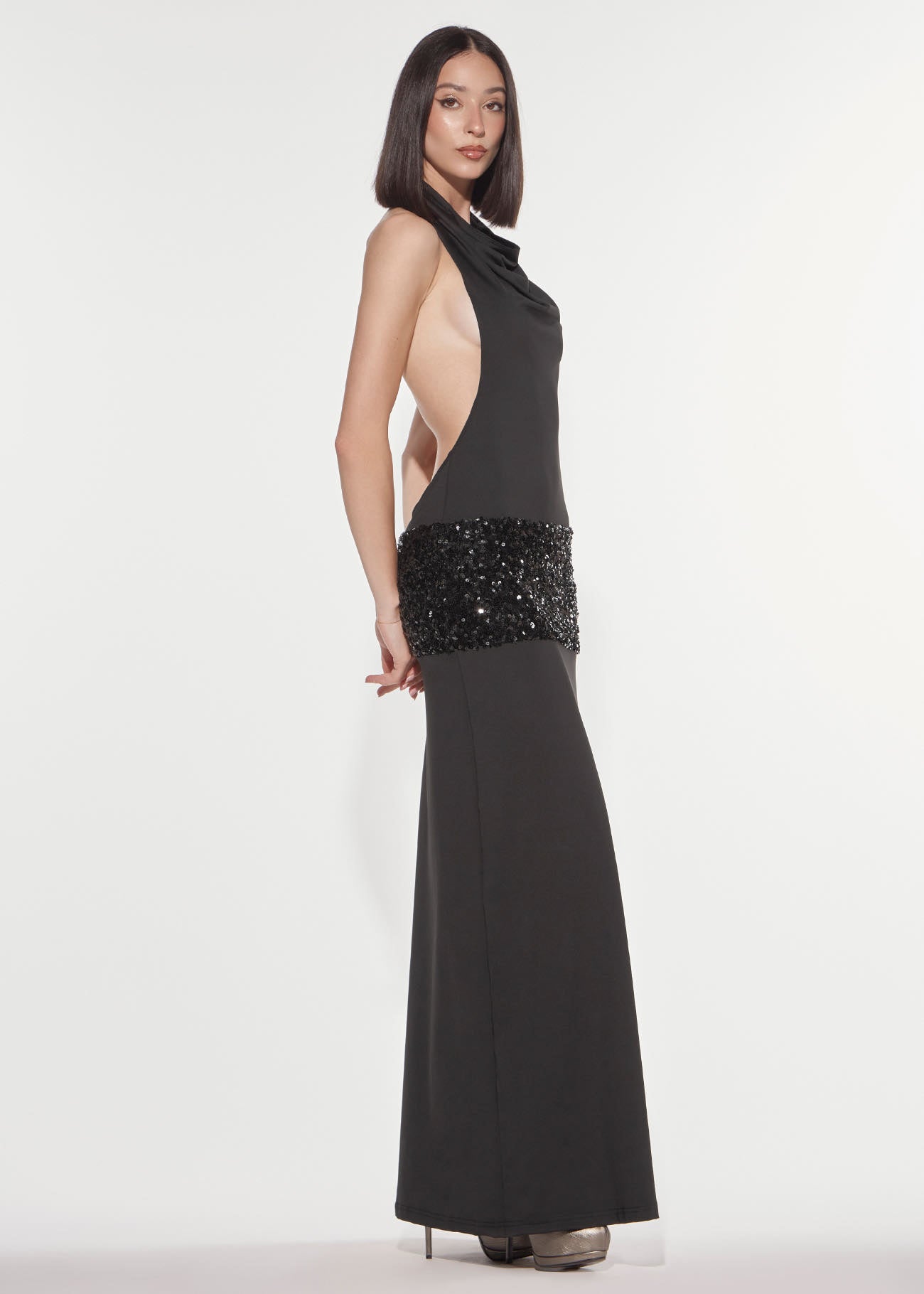Denny Rose Jersey Abendkleid schwarz Pailletten lang