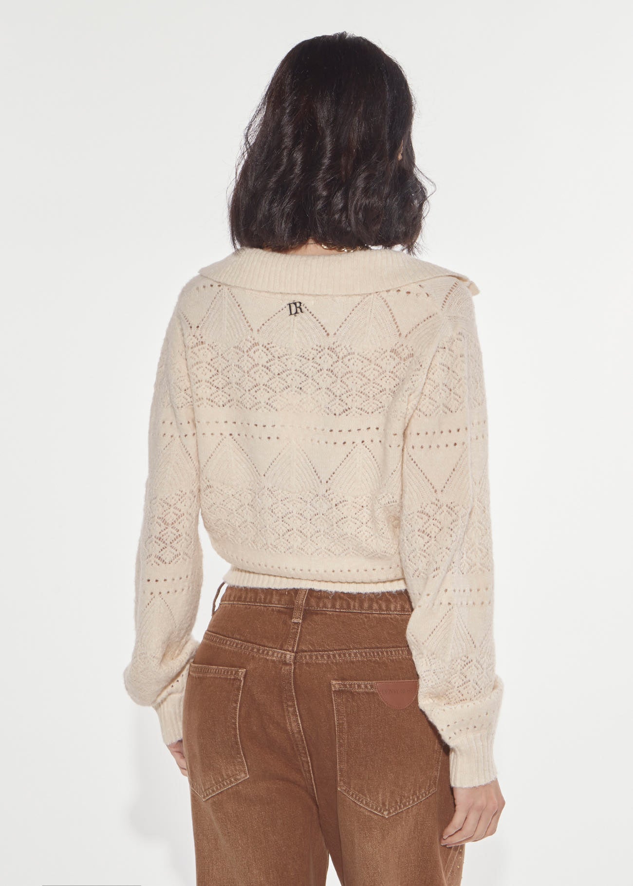 Denny Rose Polo Pullover beige Lochstrick Puffarm
