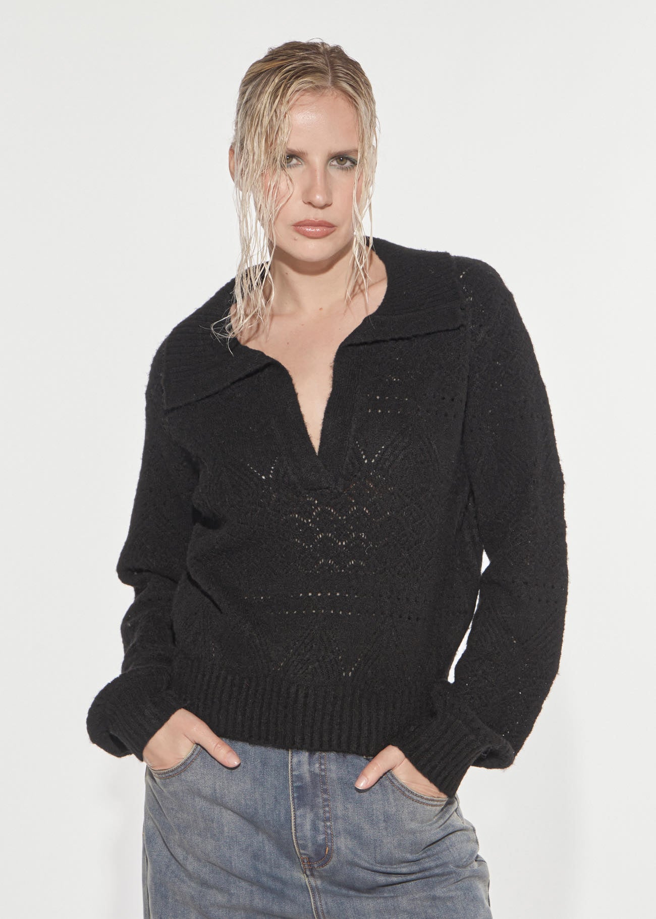 Denny Rose Spitzstrick Pullover Polokragen Schwarz