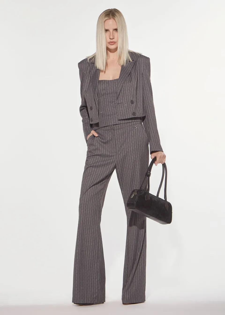 Denny Rose Blazer Cropped Gessato Strass Grau