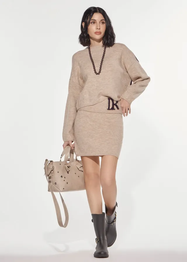 Denny Rose Logo Jacquard Minirock Beige-Prugna Strick