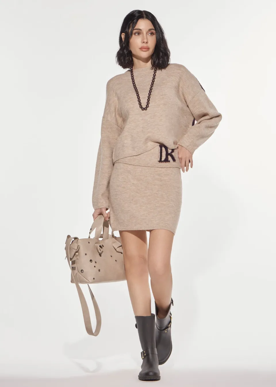 Denny Rose Logo Jacquard Minirock Beige-Prugna Strick