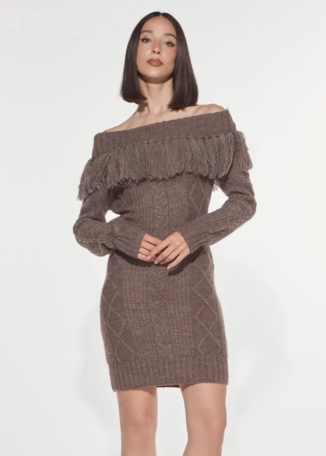 Denny Rose Strickkleid Zopfmuster mit Fransen taupe