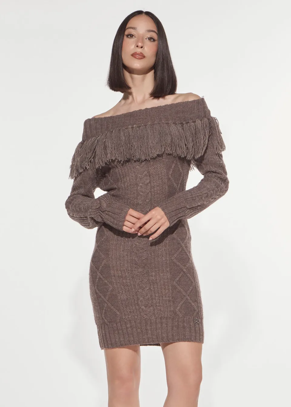 Denny Rose Strickkleid Zopfmuster mit Fransen taupe