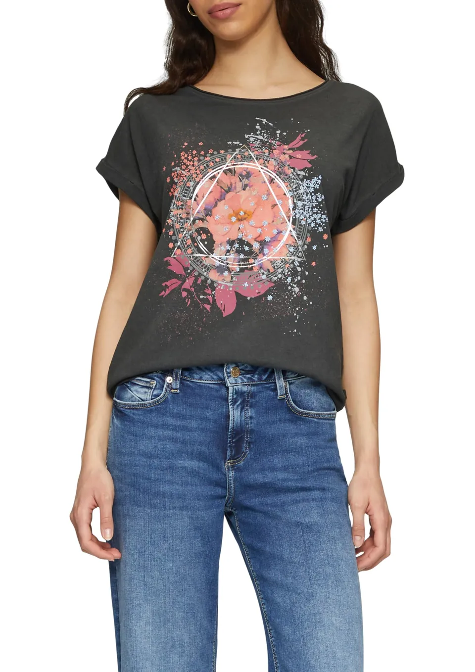 s.Oliver QS Oversize-Shirt Frontprint gewaschen Baumwolle