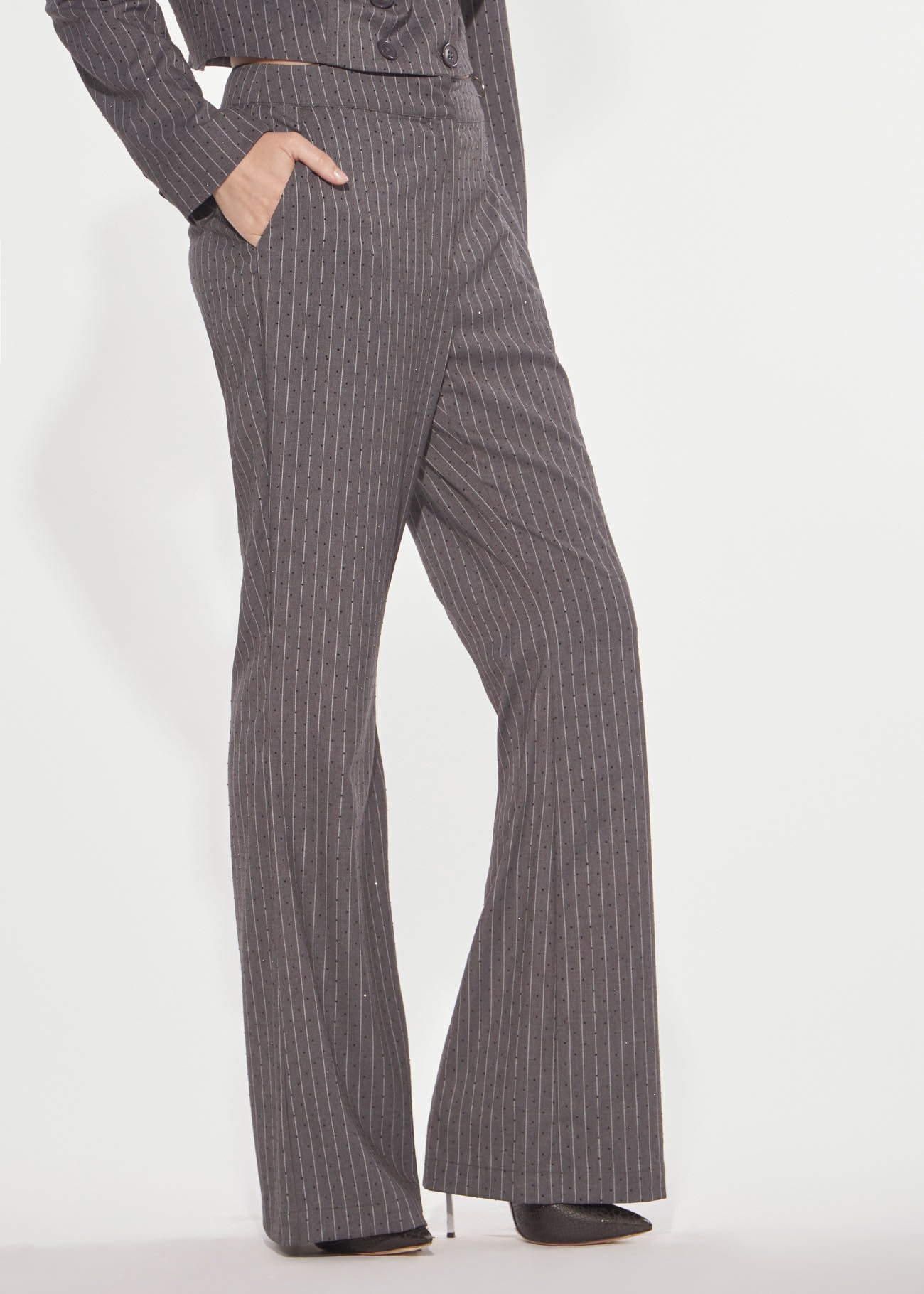 Denny Rose Flare Gessato Hose Grau mit Strass