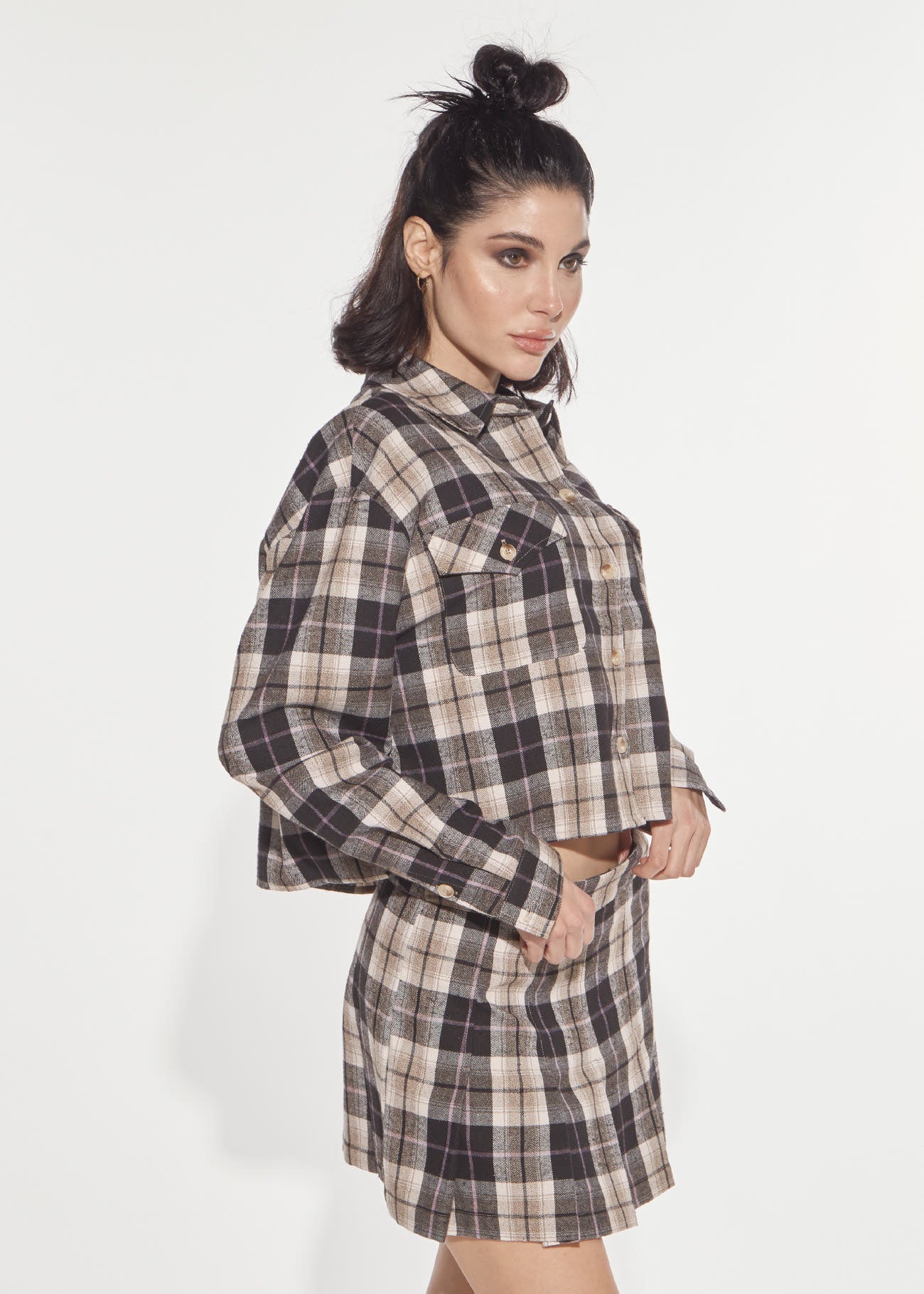 Denny Rose Flanellhemd Mocha Beige kariert cropped
