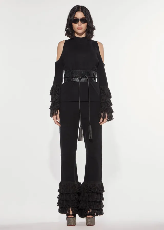 Denny Rose Cut-Out Pullover schwarz Fransen