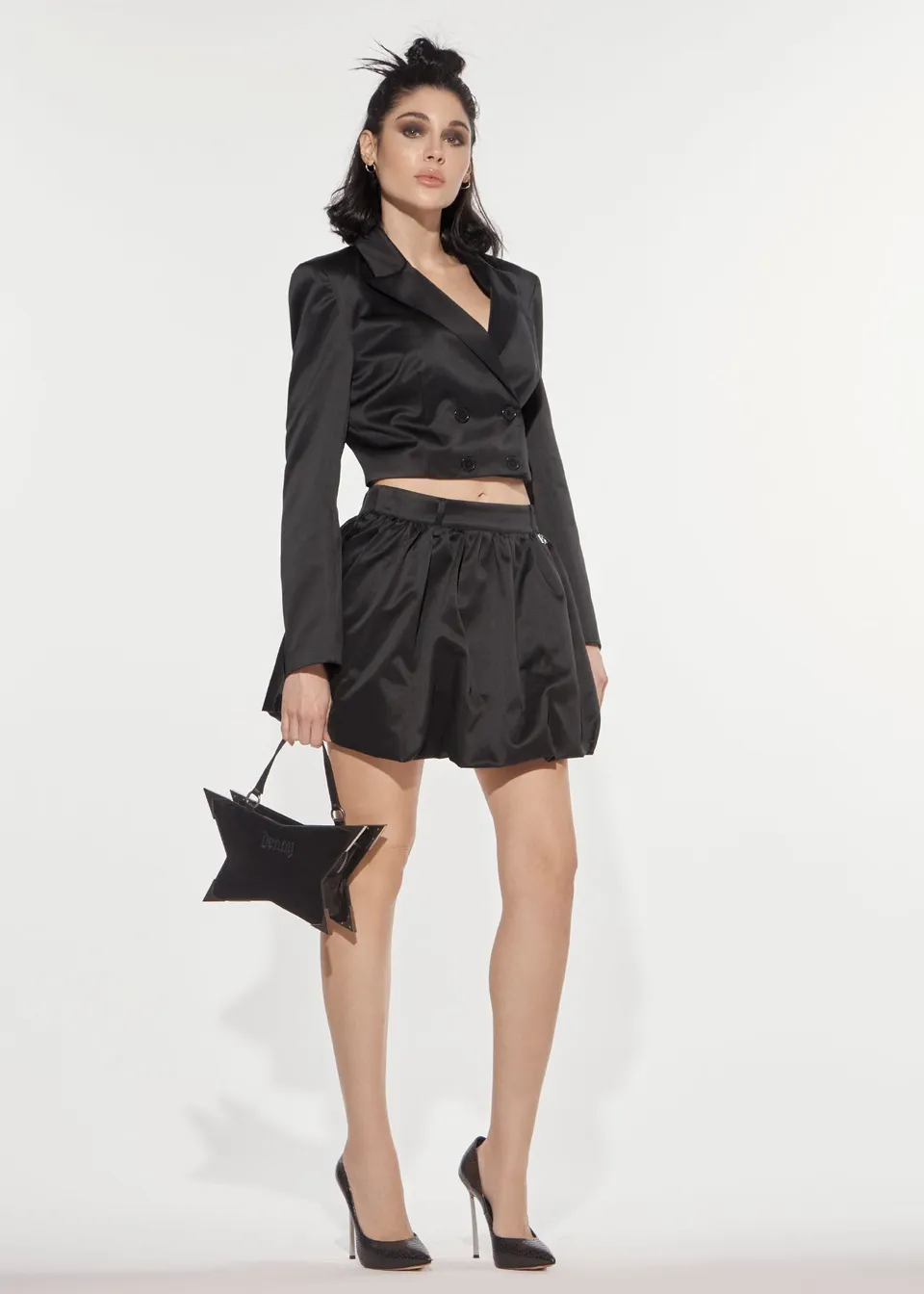 Denny Rose Duchesse Cropped Blazer Schwarz Doppelreihig