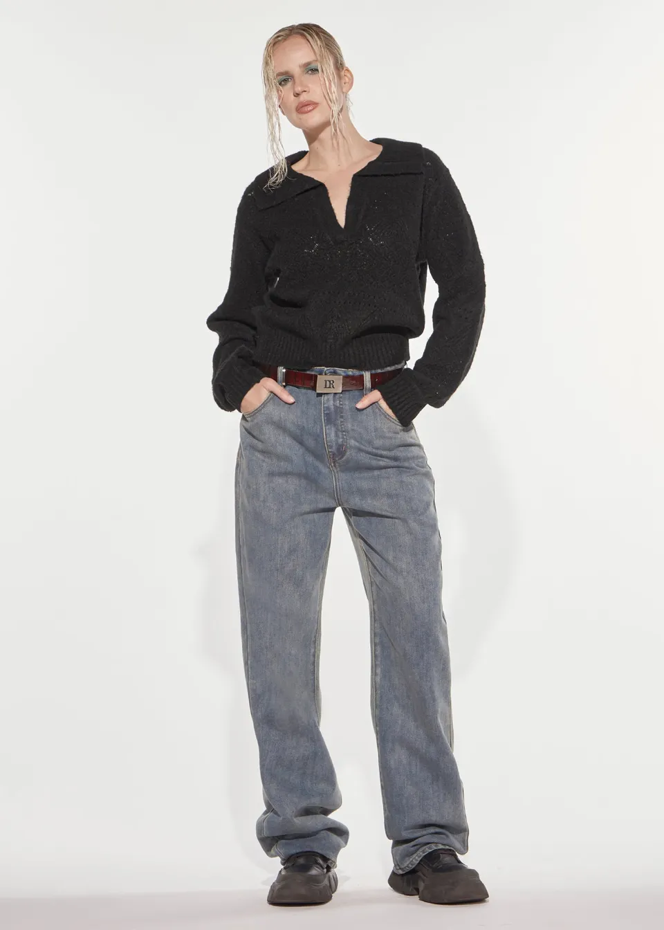 Denny Rose Spitzstrick Pullover Polokragen Schwarz