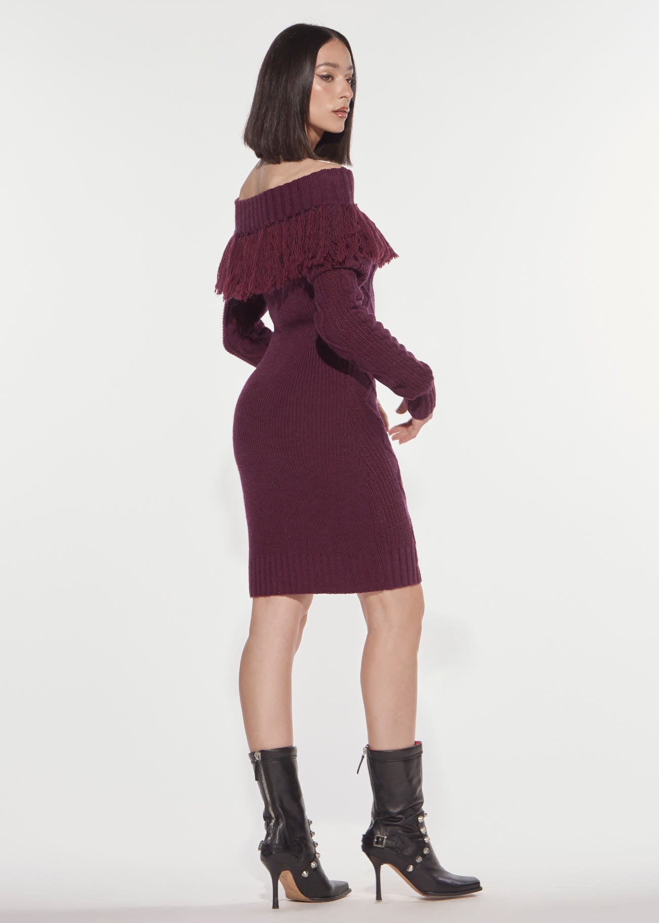 Denny Rose Longuette Strickkleid Red Wine Fransen