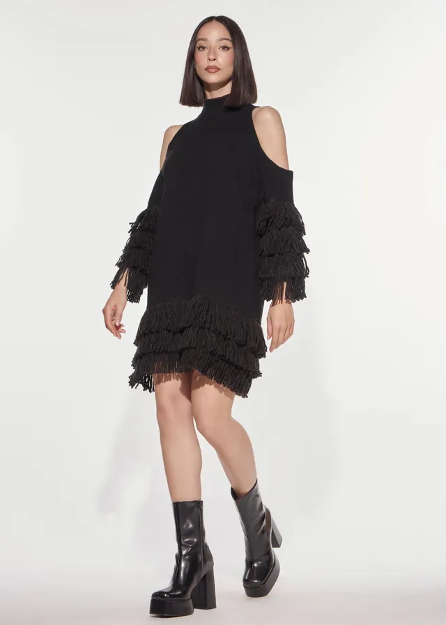 Denny Rose Strick Minikleid Fransen Cut-Out Schwarz