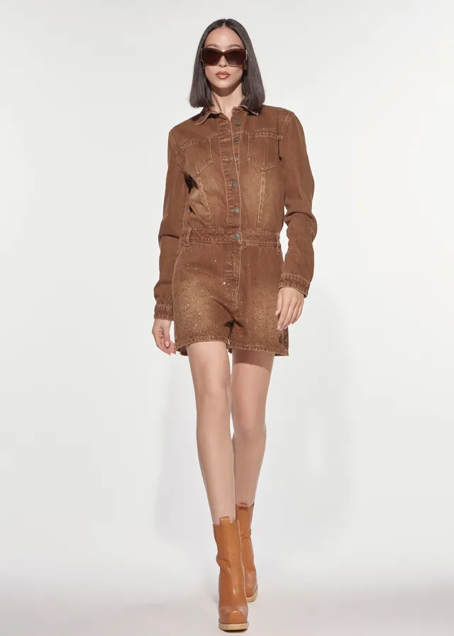 Denny Rose Denim Overall Shorts Strass Brown Sugar