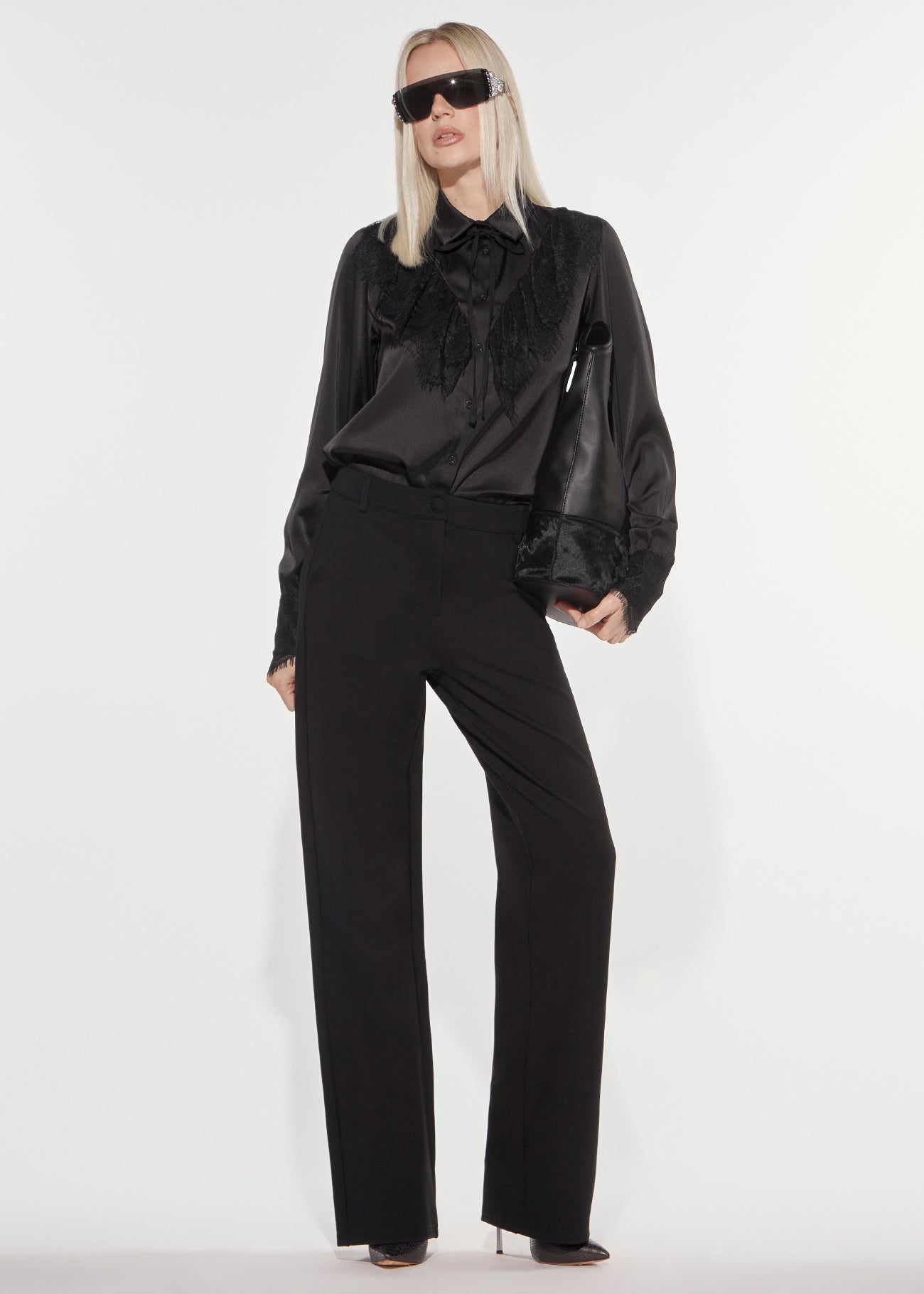 Denny Rose Satinbluse schwarz Spitze Schleife