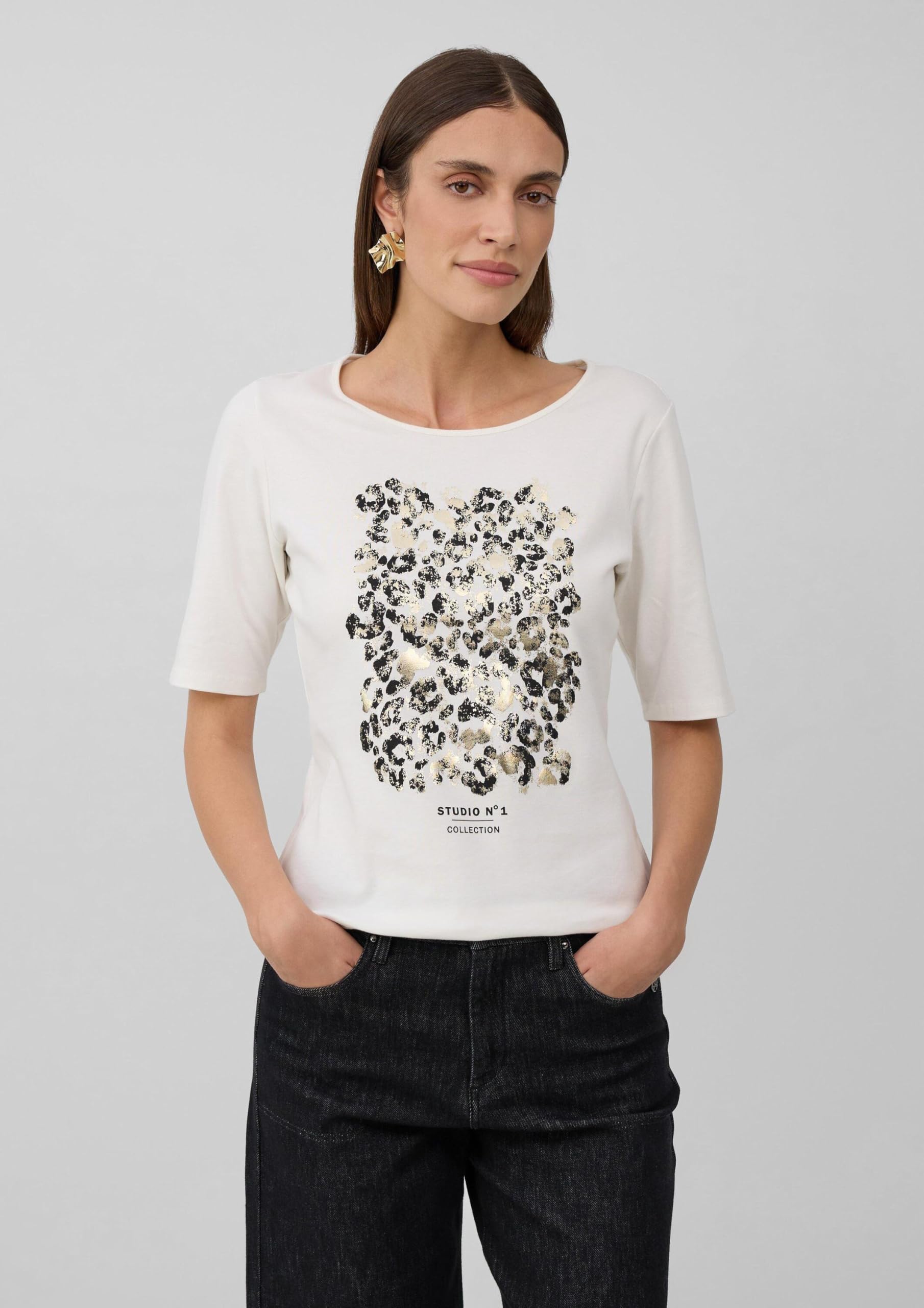 s.Oliver Damen T-Shirt Halbarm Leo-Frontprint Größe 38