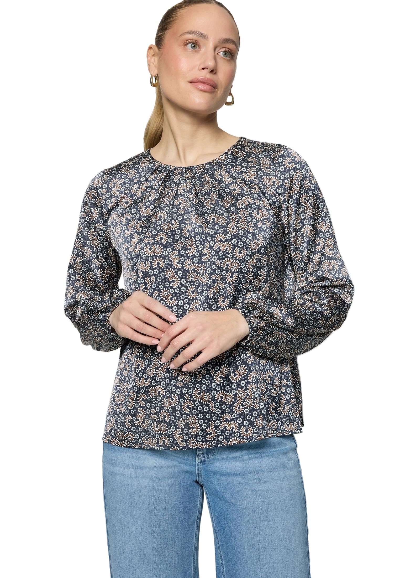 zero Satinbluse mit Druck Damen Dark Bluecream Gr. 40 glänzend