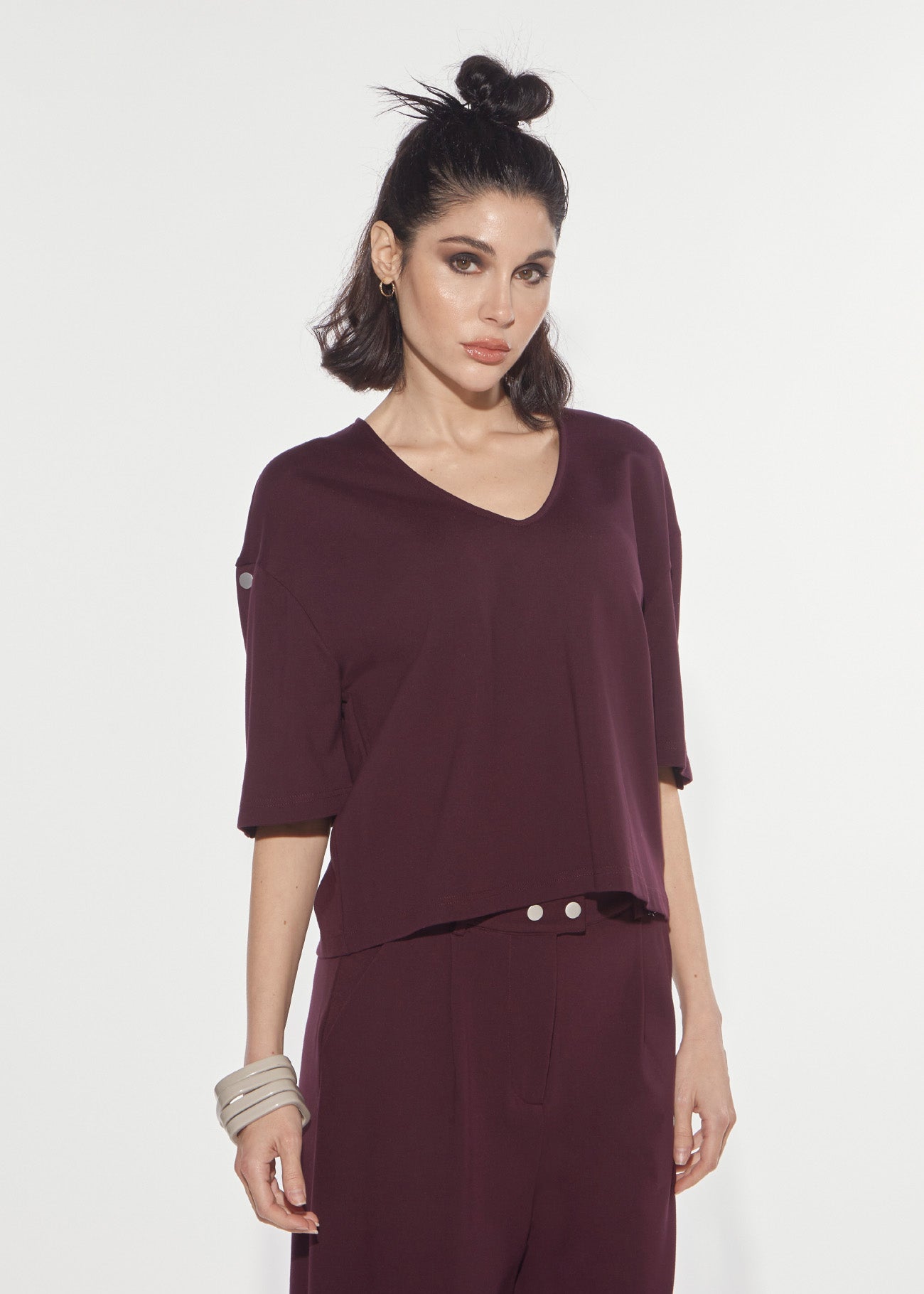 Denny Rose Punto Milano T-Shirt V-Ausschnitt Rotwein
