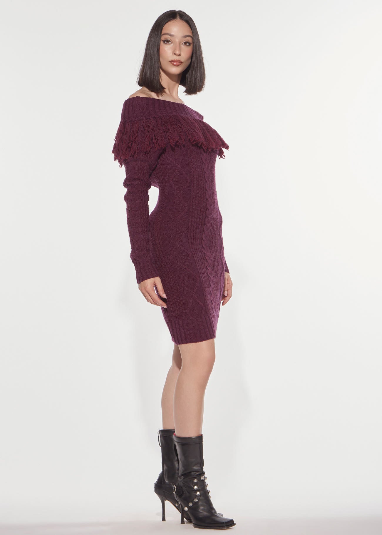 Denny Rose Longuette Strickkleid Red Wine Fransen