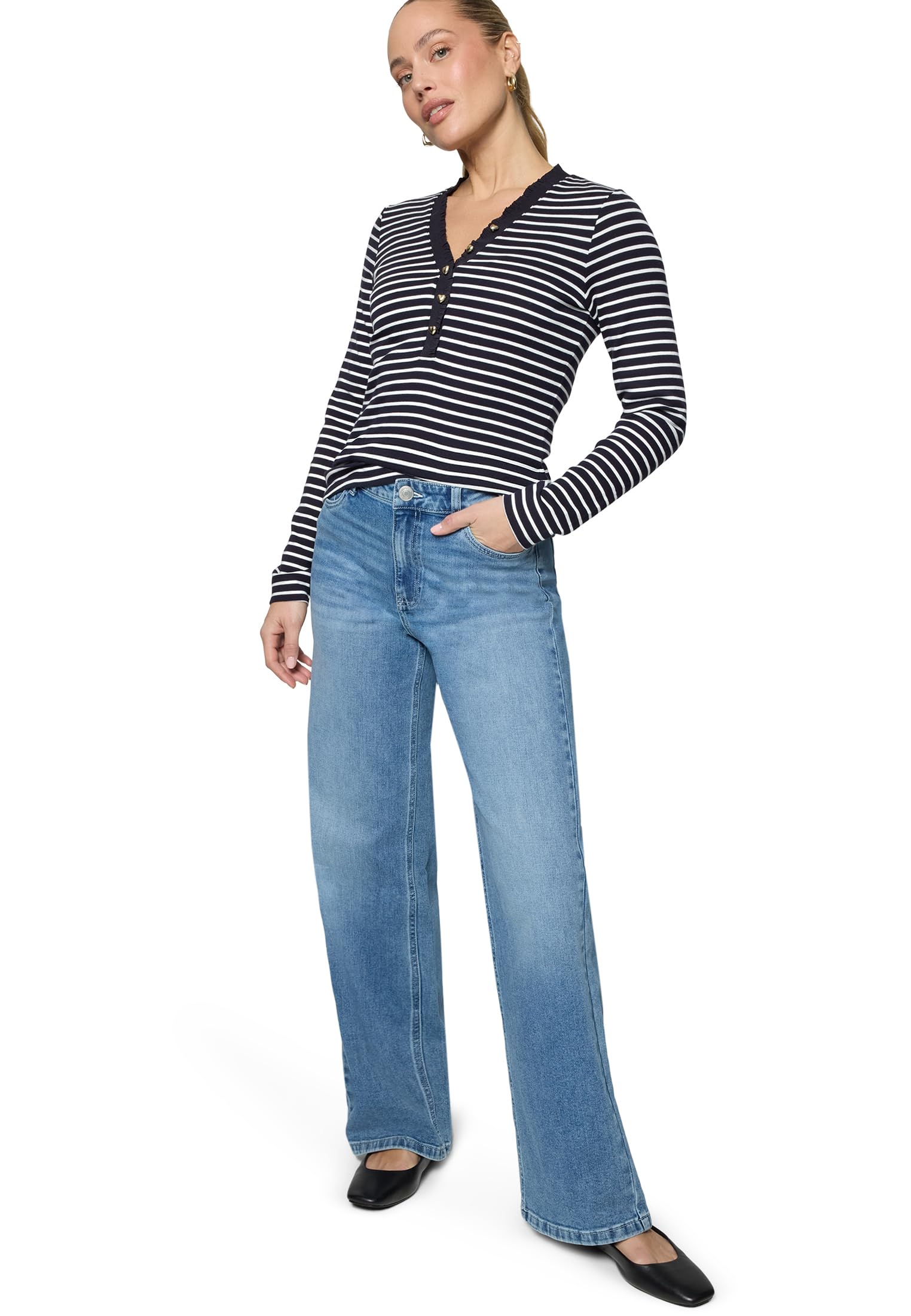zero Ringelshirt Knopfleiste Damenshirt 38 Dark BlueCream gestreift