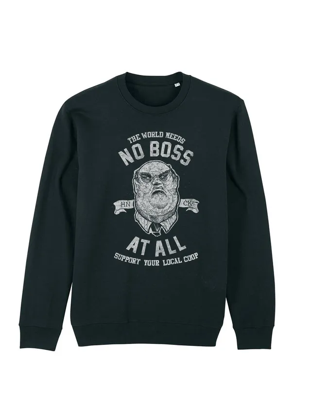 dna merch No Boss At All Rundhalspullover Schwarz Biobaumwolle