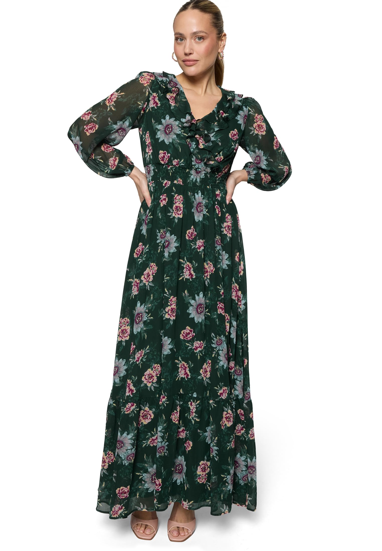 zero Maxikleid Langarm Gr. 40 Dark Green Pink floral