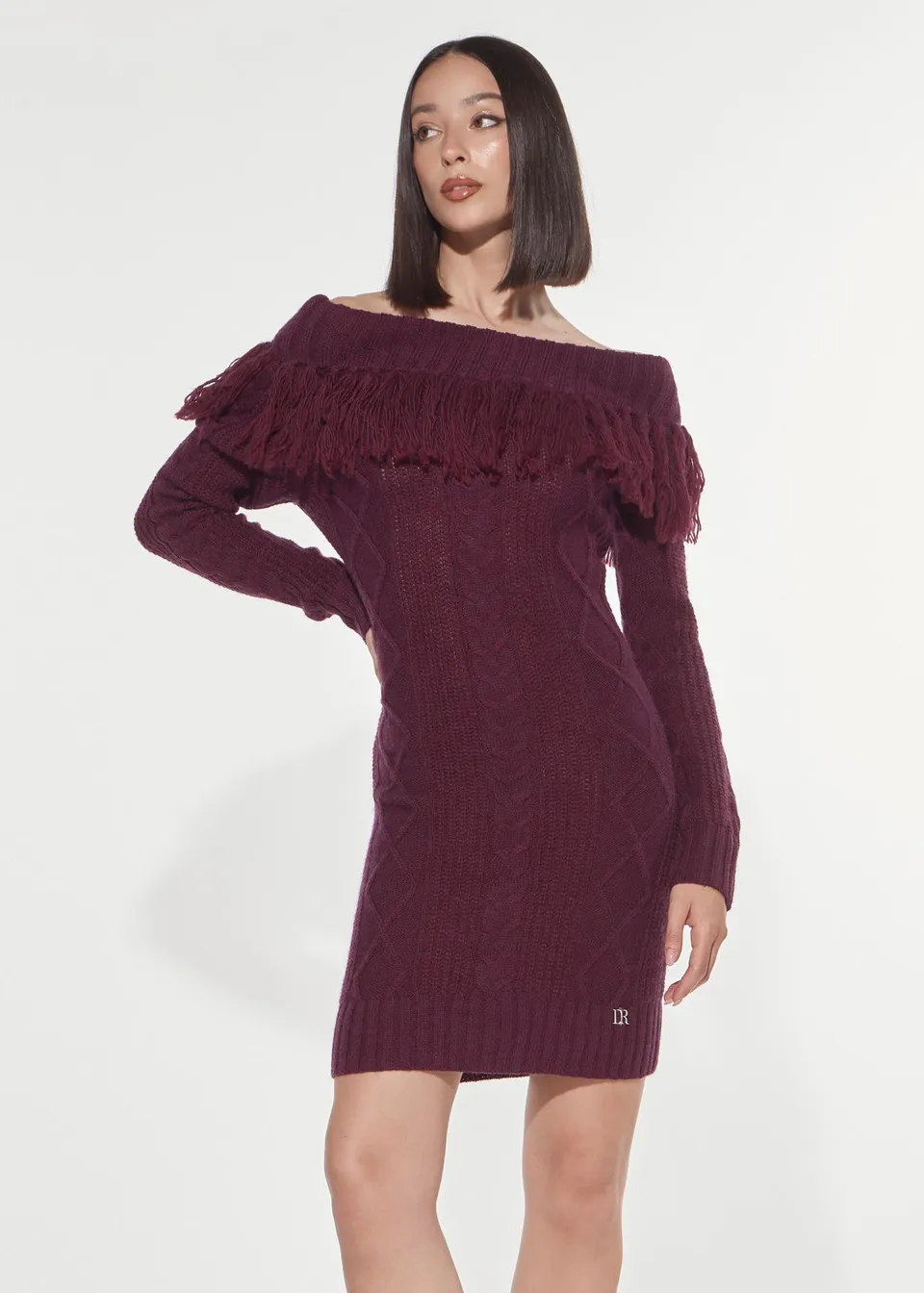 Denny Rose Longuette Strickkleid Red Wine Fransen