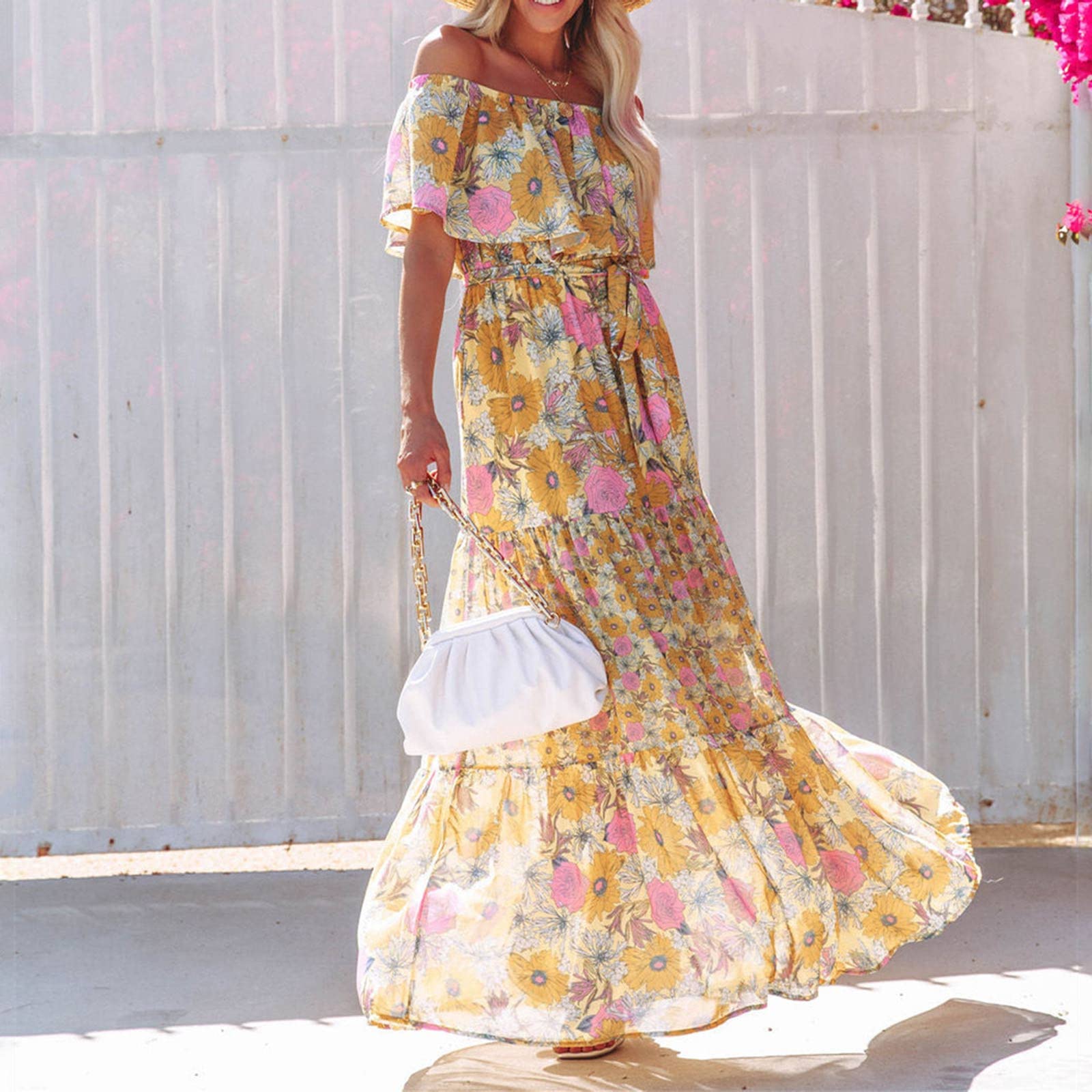 Singular Maxikleid Kleid Gelb E# Yellow Off-Shoulder Boho