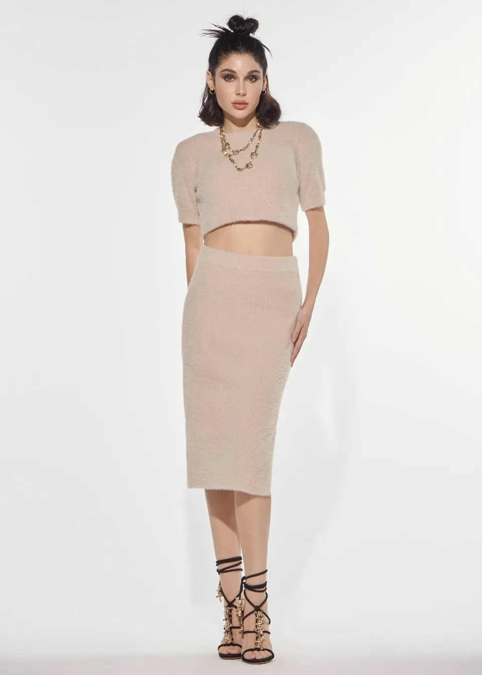 Denny Rose Pelz Strickrock Sand mit Schlitz