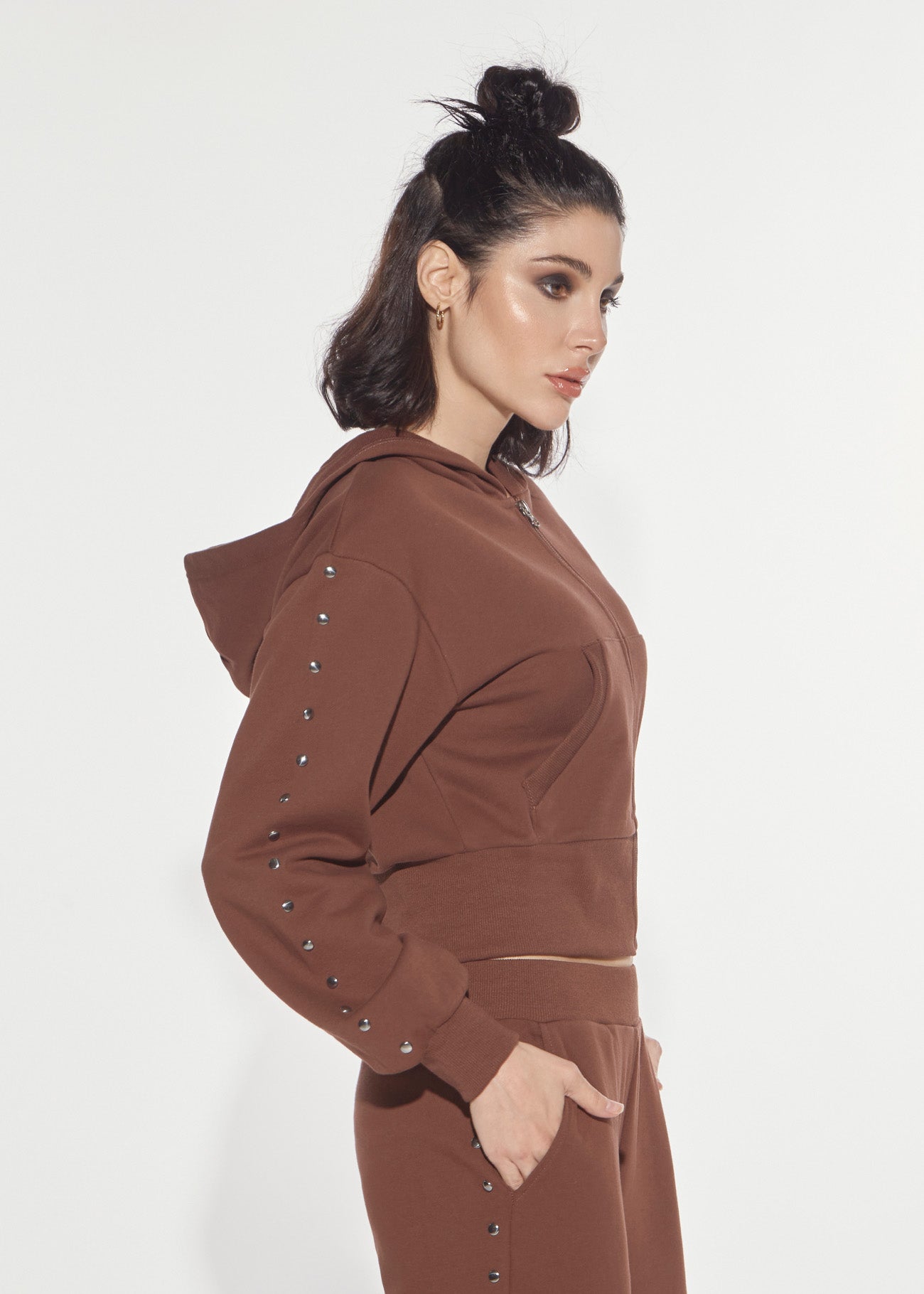 Denny Rose Hoodie Eclectic Braun Nieten Zip