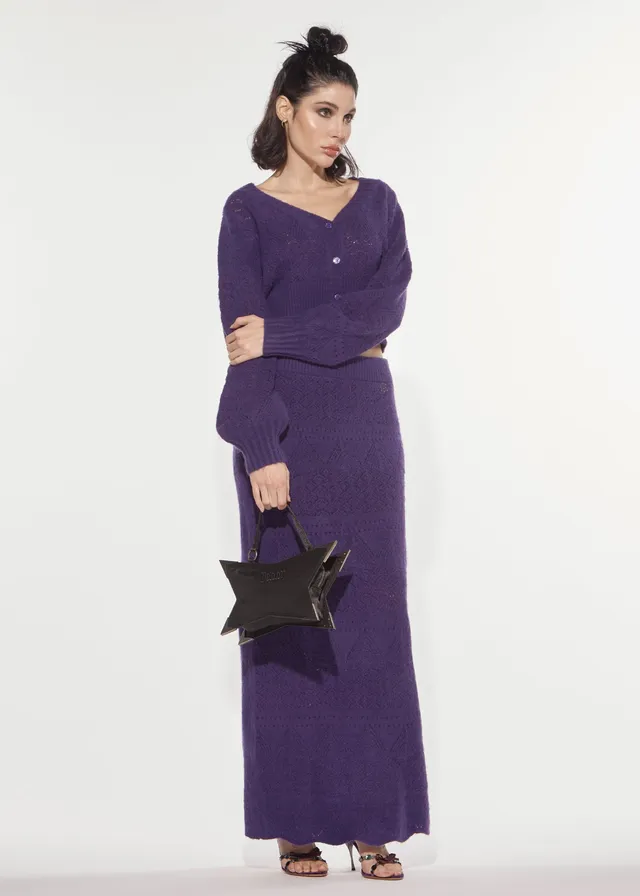 Denny Rose Punto Pizzo Cardigan lila Lochstrick cropped