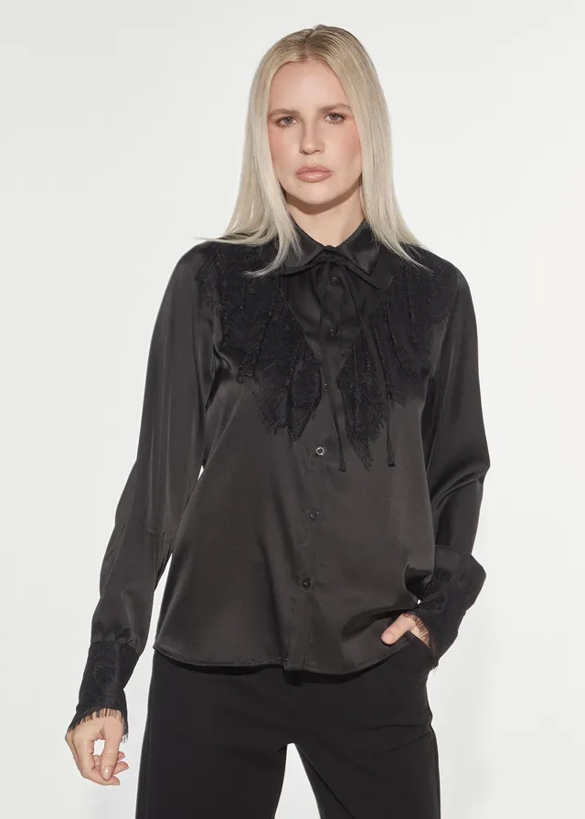 Denny Rose Satinbluse schwarz Spitze Schleife