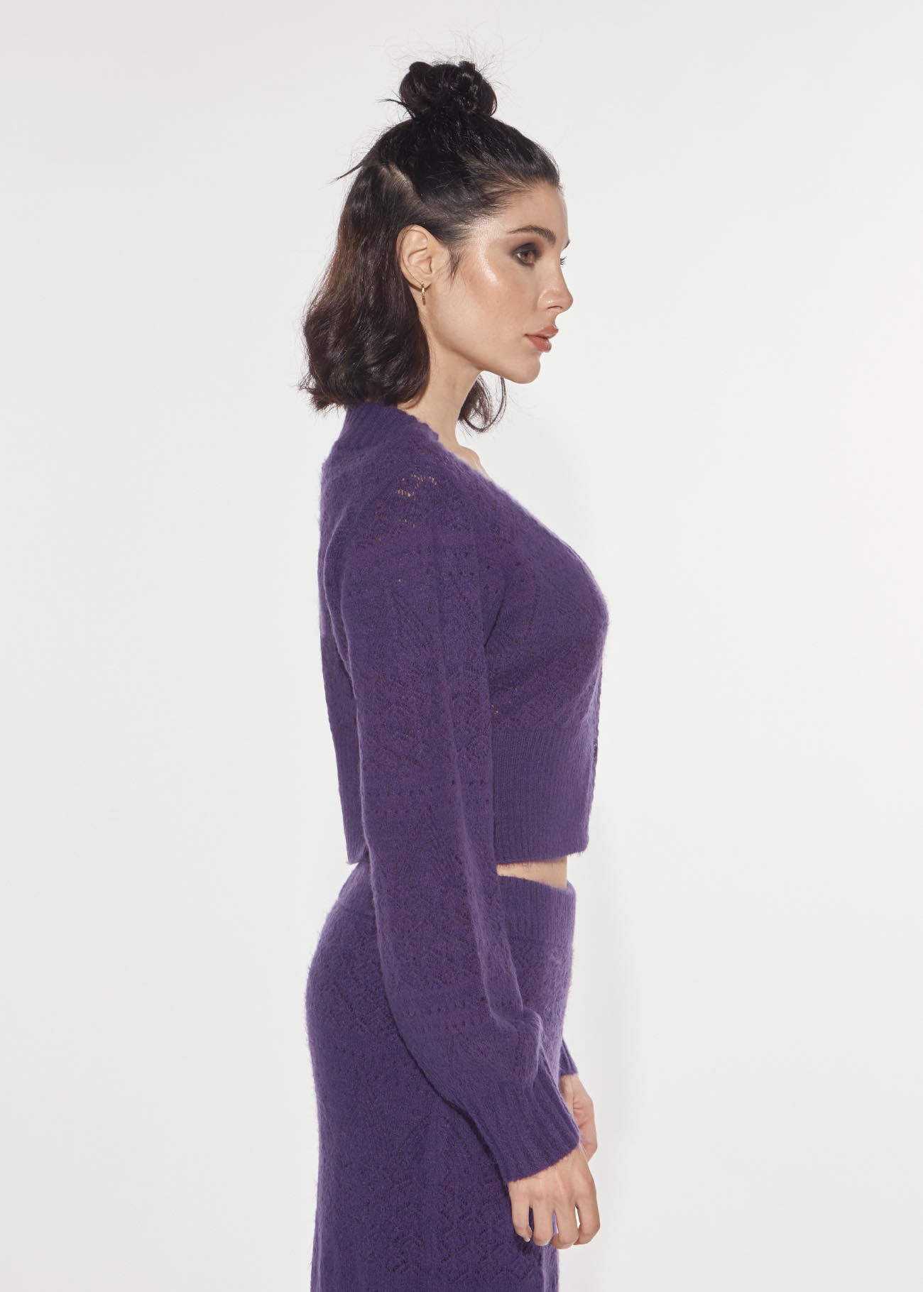 Denny Rose Punto Pizzo Cardigan lila Lochstrick cropped