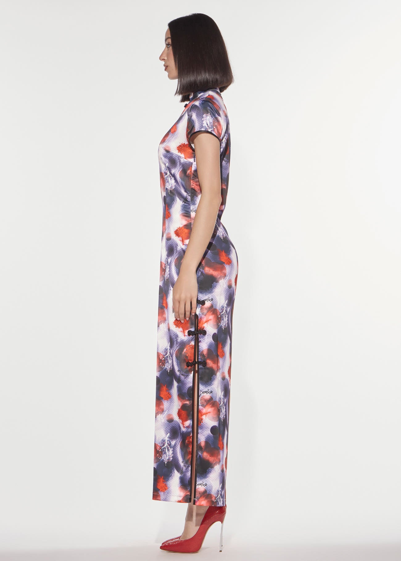 Denny Rose Japan Satinkleid lang rotviolett Print