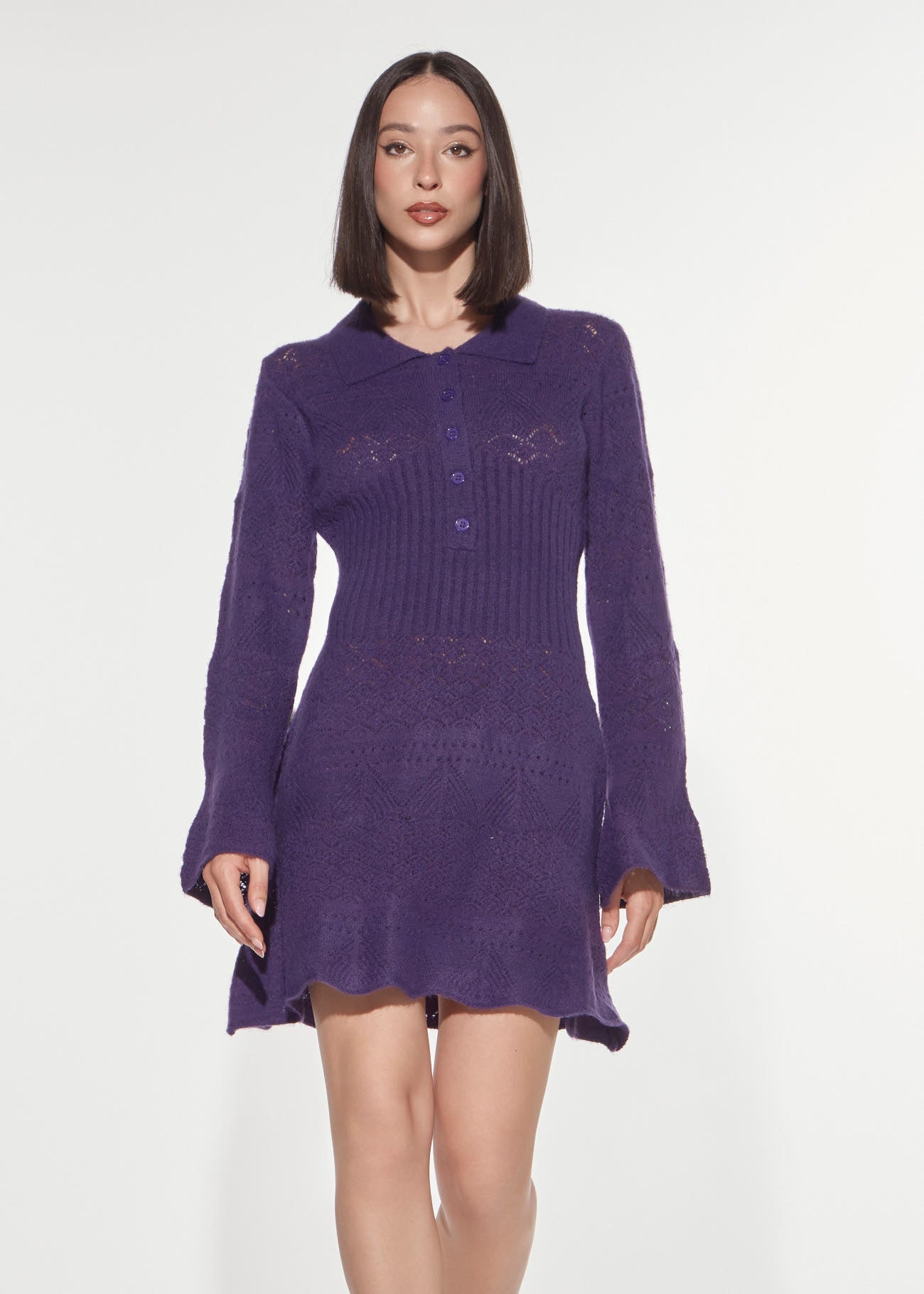 Denny Rose Punto Pizzo Strickkleid lila Polo langarm