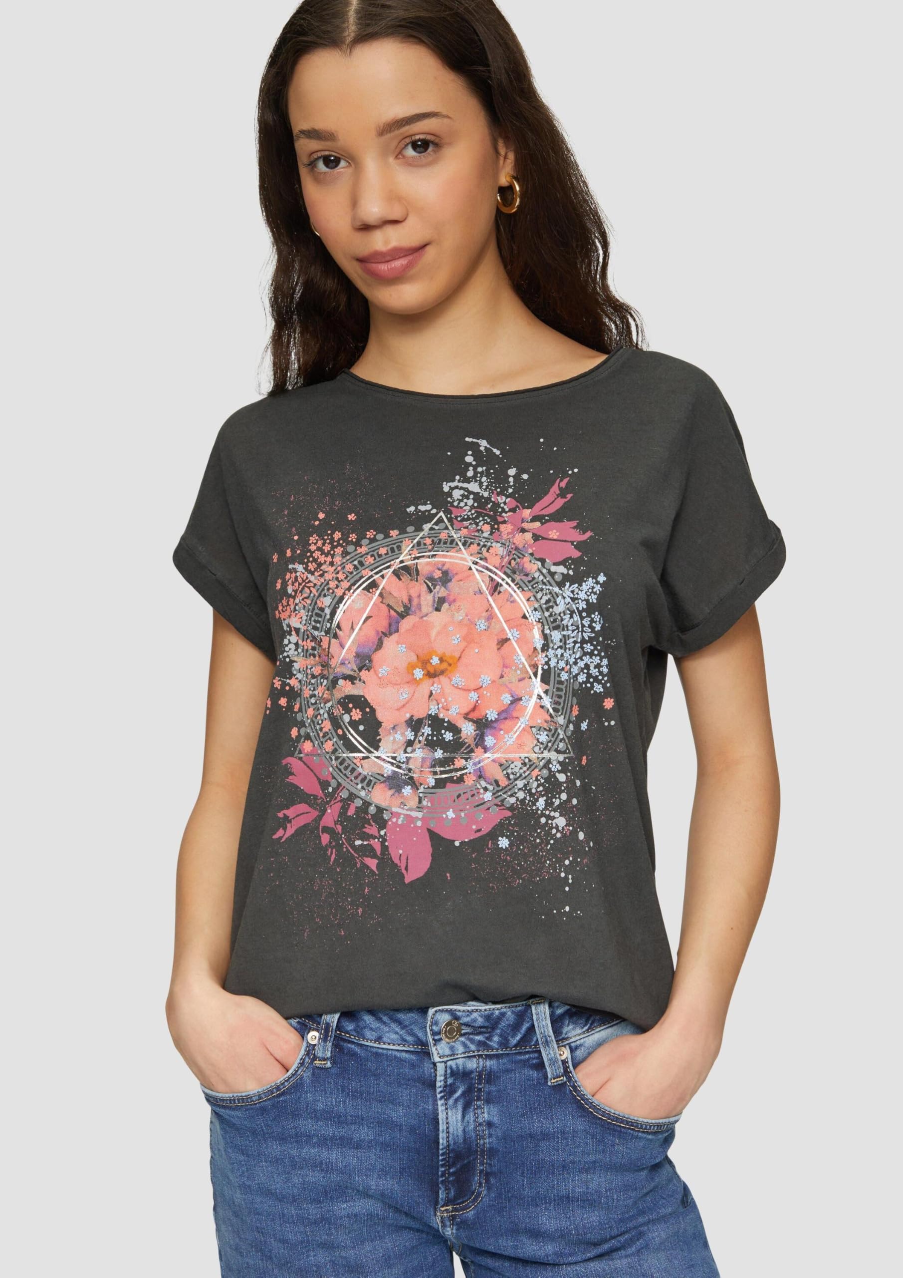 s.Oliver QS Oversize-Shirt Frontprint gewaschen Baumwolle